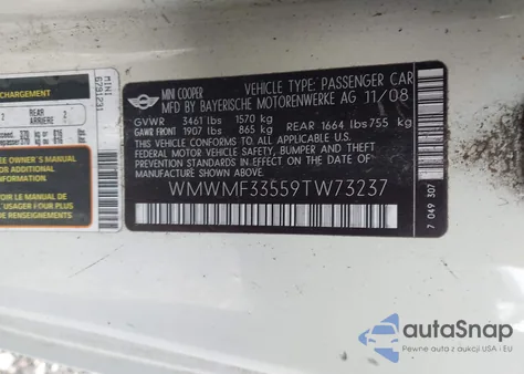 2009 Mini Cooper from USA, damaged, VIN WMWMF33559TW73237